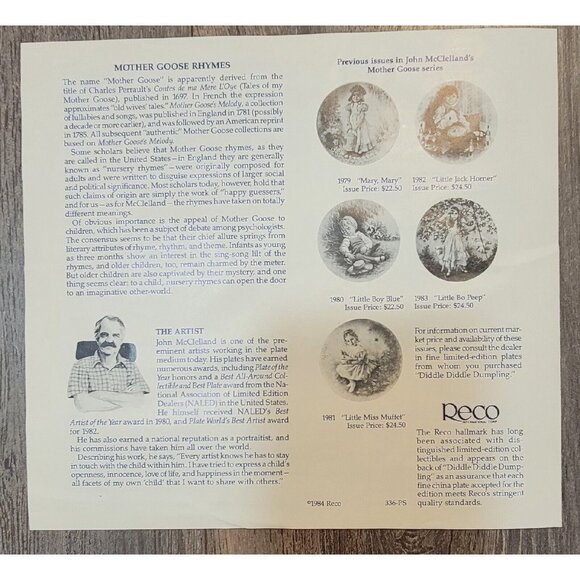 Reco Collectible Plate 1984 Mother Goose Diddle Dumpling John McClelland #13217G - Picture 10 of 12